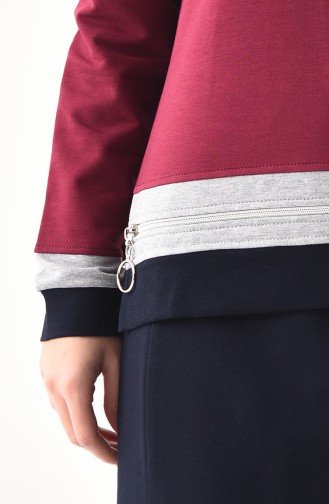 Zipper Detailed Blouse Skirt Binary Suit  8361-04 Plum 8361-04
