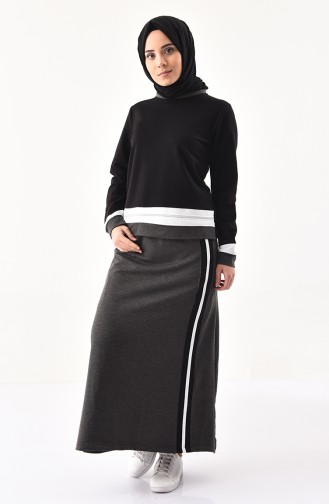 Zipper Detailed Blouse Skirt Binary Suit  8361-05 Black 8361-05