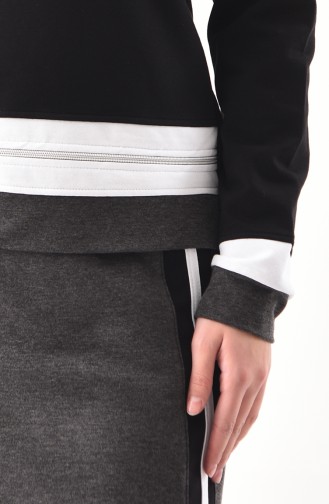 Zipper Detailed Blouse Skirt Binary Suit  8361-05 Black 8361-05
