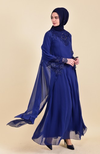 Navy Blue Hijab Evening Dress 8426-03