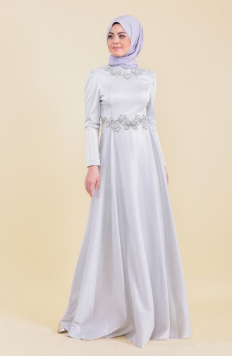 Gray Hijab Evening Dress 7058-01