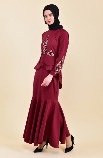 MISS VALLE  Sequin Detailed Evening Dress 8443-01 Bordeaux 8443-01