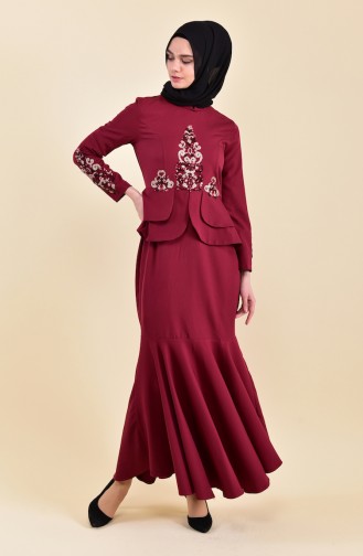 MISS VALLE  Sequin Detailed Evening Dress 8443-01 Bordeaux 8443-01