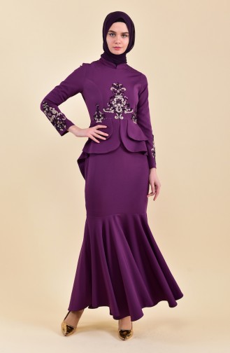 MISS VALLE  Sequin Detailed Evening Dress 8443-02 Purple 8443-02