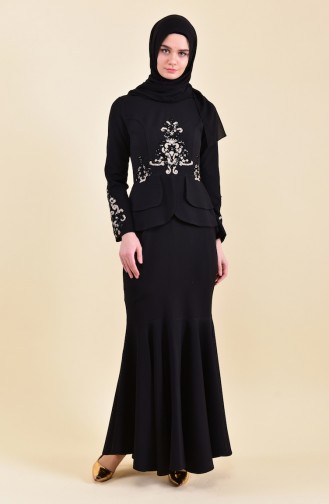 Robe de Soirée Détail Paillettes 8443-04 Noir 8443-04