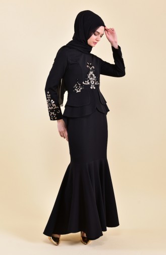 Robe de Soirée Détail Paillettes 8443-04 Noir 8443-04