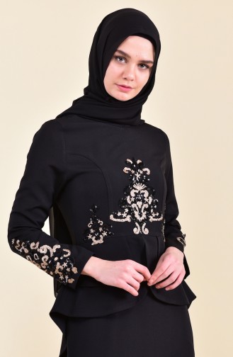 Robe de Soirée Détail Paillettes 8443-04 Noir 8443-04