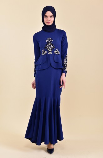 Navy Blue Hijab Evening Dress 8443-05