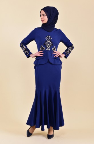 Navy Blue Hijab Evening Dress 8443-05