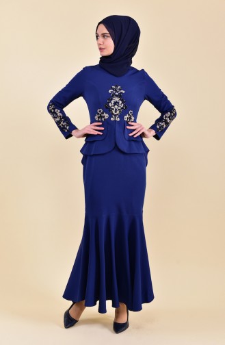 Robe de Soirée Détail Paillettes 8443-05 Bleu Marine 8443-05