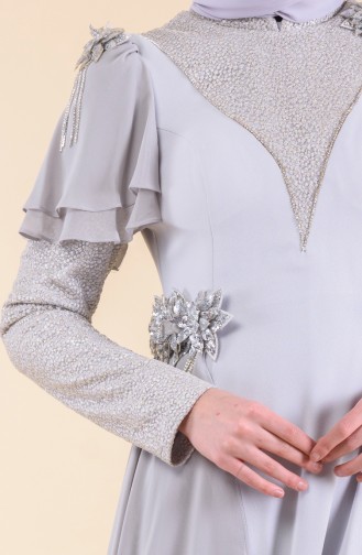 Flower Brooch Evening Dress 7024-02 Gray 7024-02