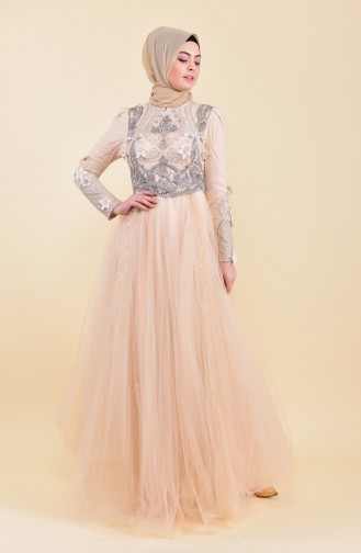 Flower Appliques Evening Dress 7064-02 Beige 7064-02