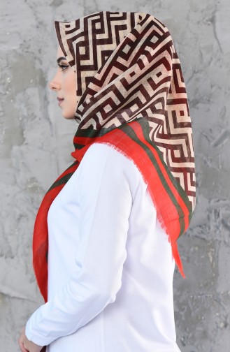 Desenli Flamlı Koton Eşarp 901454-09 Kırmızı Yeşil