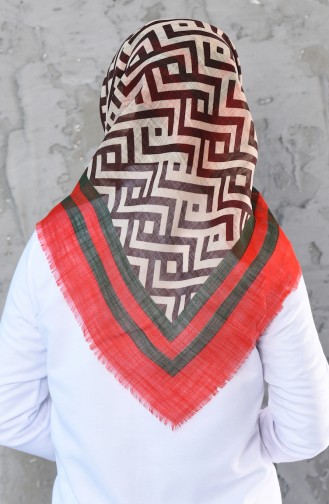 Desenli Flamlı Koton Eşarp 901454-09 Kırmızı Yeşil