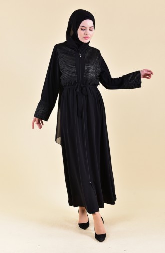 Spitze Detailliertes Abaya mit Band 7824-01 Schwarz 7824-01