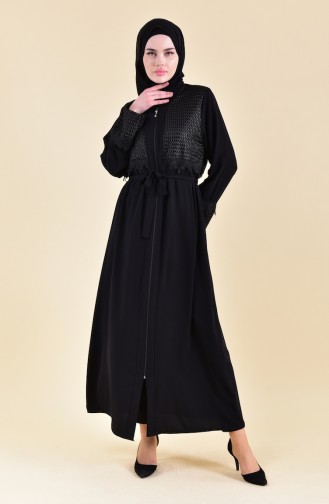 Spitze Detailliertes Abaya mit Band 7824-01 Schwarz 7824-01