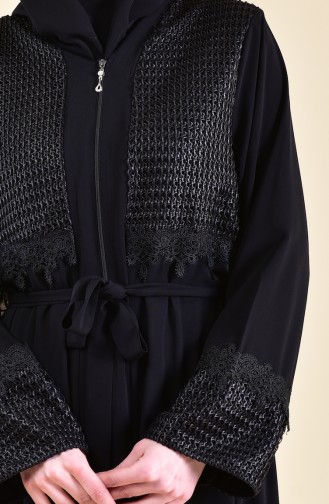 Spitze Detailliertes Abaya mit Band 7824-01 Schwarz 7824-01