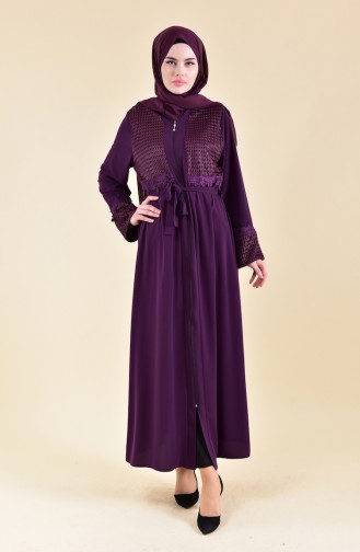 Lace Detailed Belted Abaya 7824-02 Purple 7824-02