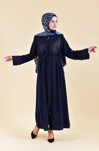 Lace Detailed Belted Abaya 7824-03 Navy Blue 7824-03