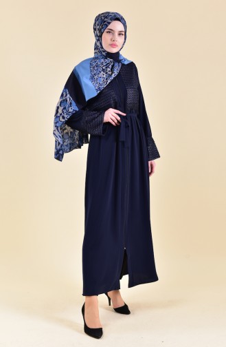 Lace Detailed Belted Abaya 7824-03 Navy Blue 7824-03