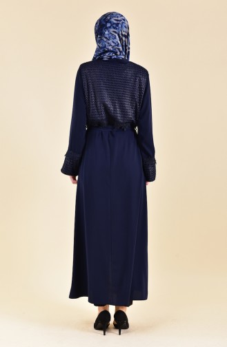 Lace Detailed Belted Abaya 7824-03 Navy Blue 7824-03