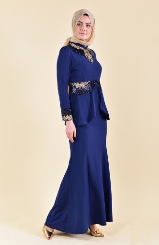 Robe de Soirée a Paillettes 8240-02 Bleu Marine 8240-02