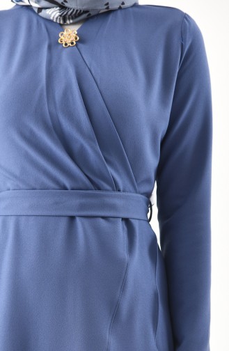 Brooch Detailed Belted Dress 0004-07 İndigo 0004-07