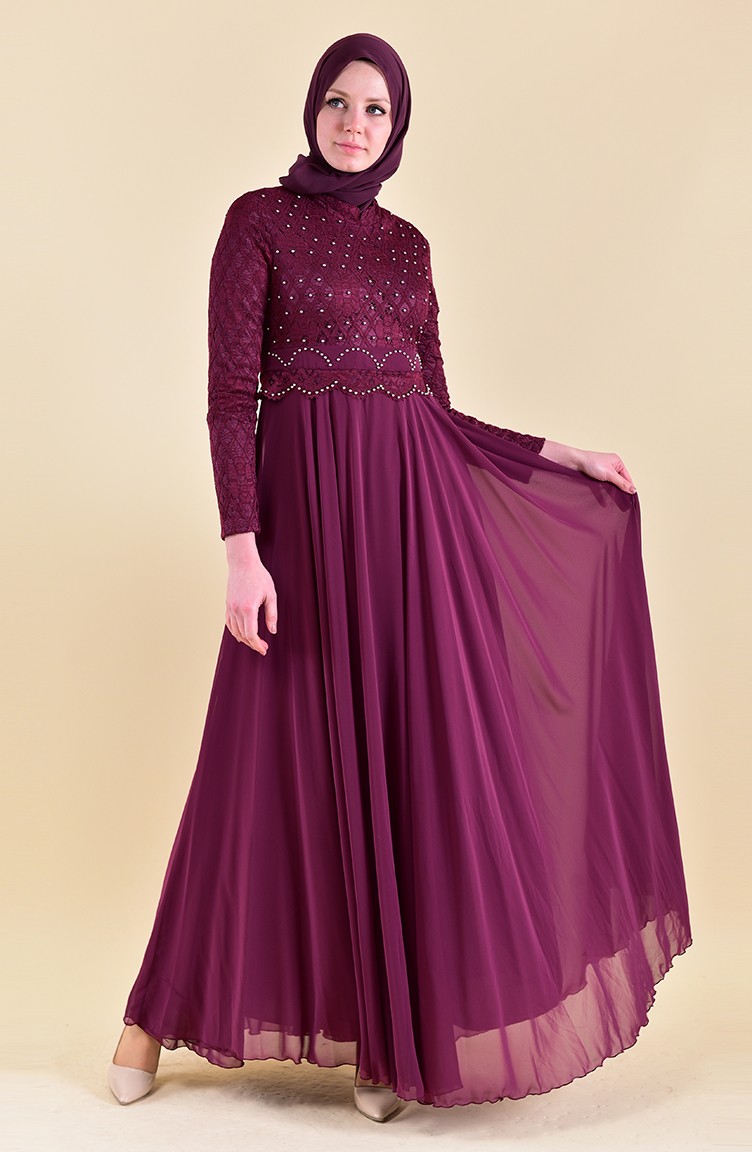 فساتين سهرة بتصميم اسلامي برقوقي غامق 8951-01