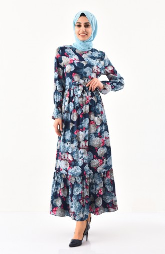 فستان بتصميم مُطبع وحزام للخصر 2056-01 لون زيتي 2056-01