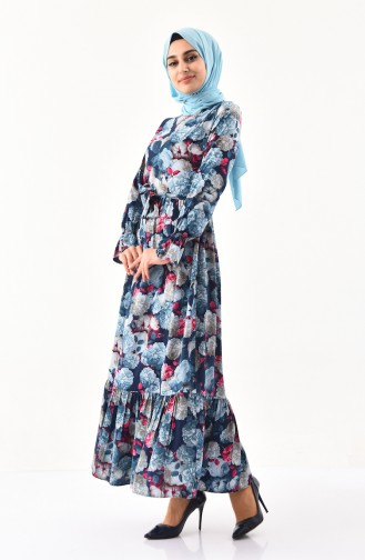 فستان بتصميم مُطبع وحزام للخصر 2056-01 لون زيتي 2056-01