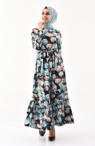 فستان بتصميم مُطبع وحزام للخصر 2056-02 لون اخضر فاتحد 2056-02