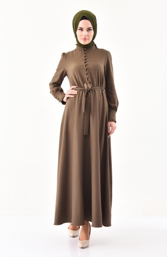 Button Detailed Belted Dress 1011-03 Khaki 1011-03
