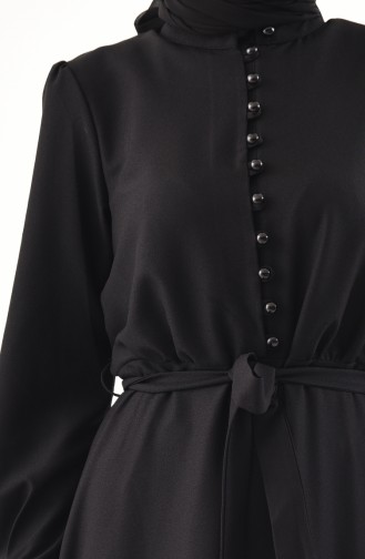 Düğme Detaylı Kuşaklı Elbise 1011-05 Siyah