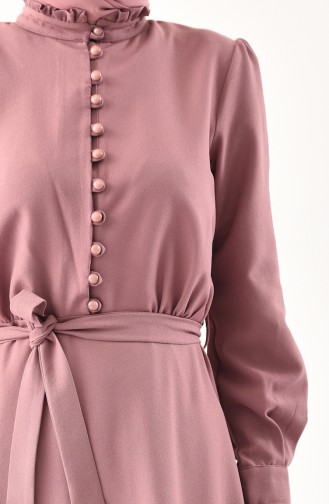 Button Detailed Belted Dress 1011-07 dry Rose 1011-07