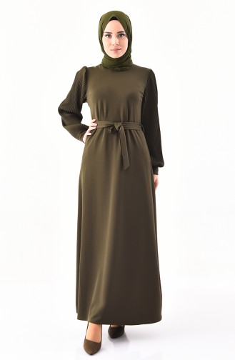 فستان بتصميم اكمام طيات 4079-07 لون اخضر كاكي 4079-07