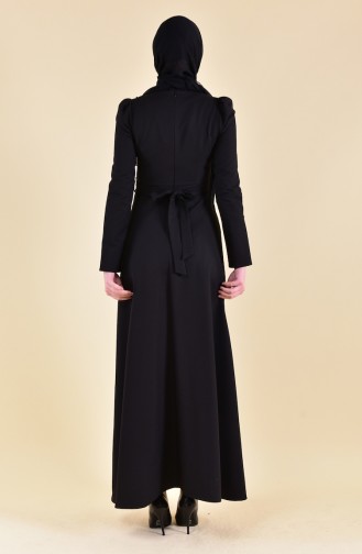 İncili Kuşaklı Elbise 0219-01 Siyah