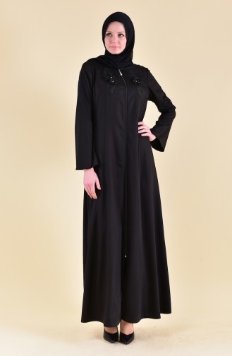 Flower Applique Zippered Abaya 5016-01 Black 5016-01