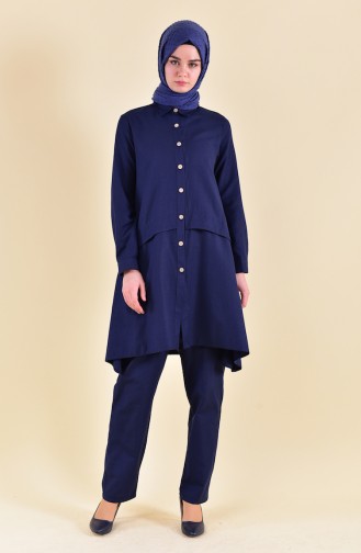 Buttoned Tunic Pants Binary Suit 1285-04 Navy Blue 1285-04