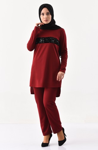 Sequin Detailed Tunic Pants Binary Suit 9001-02 Claret Red 9001-02