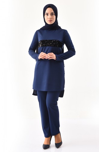 Sequin Detailed Tunic Pants Binary Suit 9001-04 Navy Blue 9001-04