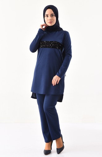 Sequin Detailed Tunic Pants Binary Suit 9001-04 Navy Blue 9001-04