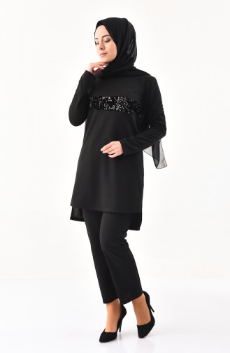 Payet Detaylı Tunik Pantolon İkili Takım 9001-05 Siyah