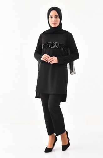 Payet Detaylı Tunik Pantolon İkili Takım 9001-05 Siyah