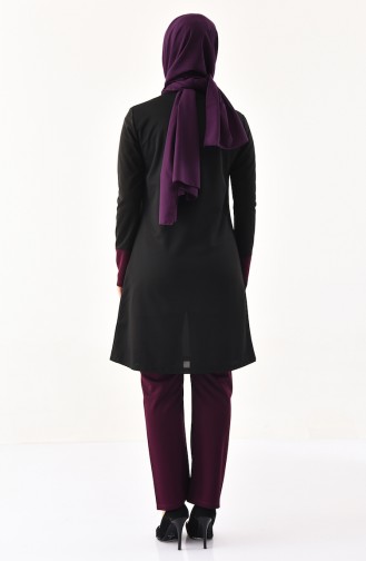 Garnished Tunic Pants Binary Suit 9002-01 Black Purple 9002-01