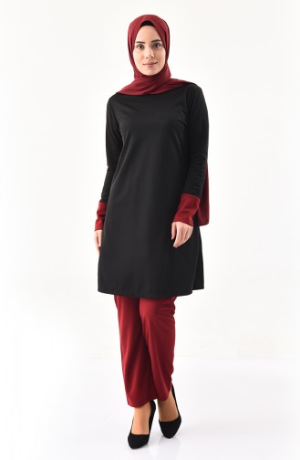 Garnished Tunic Pants Binary Suit 9002-04 Black Claret Red 9002-04