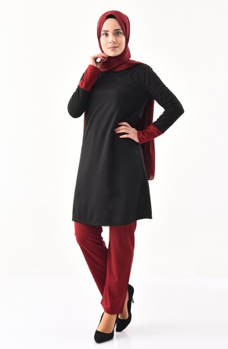 Garnished Tunic Pants Binary Suit 9002-04 Black Claret Red 9002-04