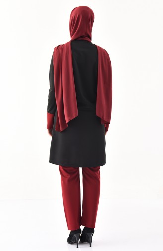 Garnished Tunic Pants Binary Suit 9002-04 Black Claret Red 9002-04