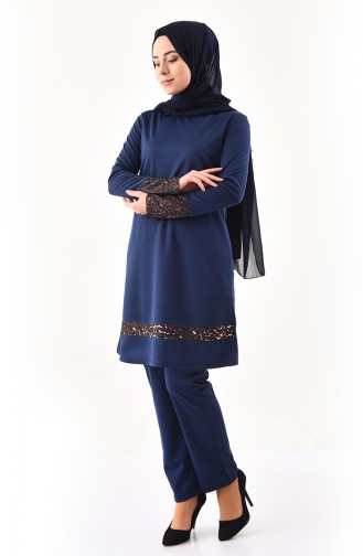 Leopard Detailed Tunic Pants Binary Suit 9004-02 Navy Blue 9004-02