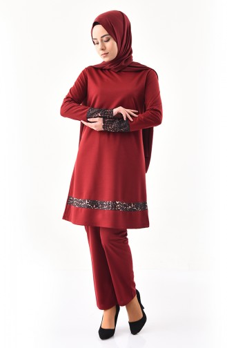 Leopard Detailed Tunic Pants Binary Suit  9004-04 Claret Red 9004-04