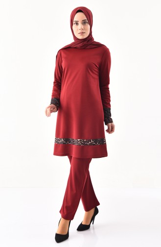 Leopard Detailed Tunic Pants Binary Suit  9004-04 Claret Red 9004-04